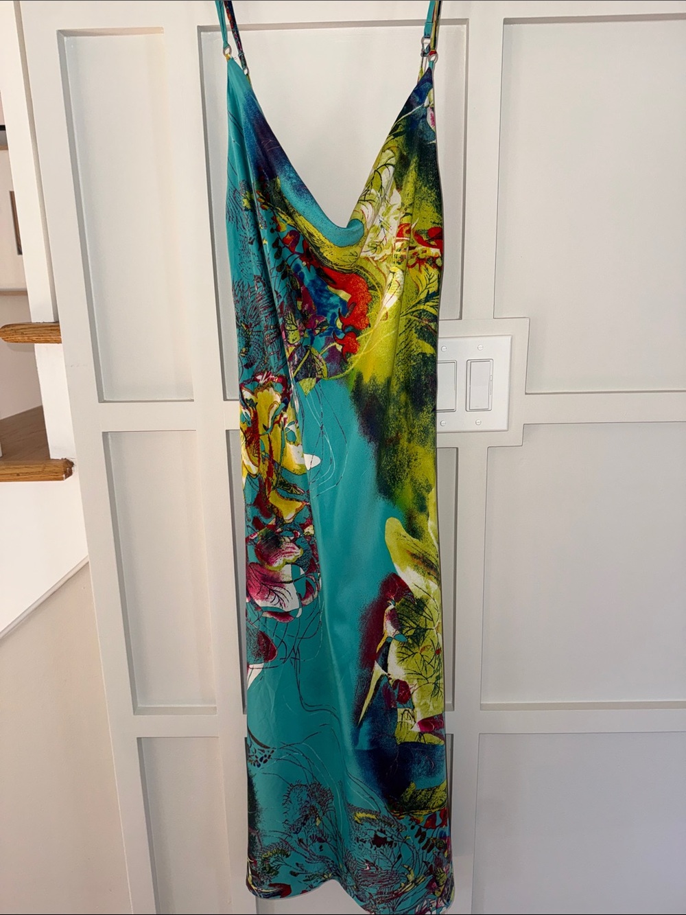 Natori Teal Floral Slip Maxi Dress with Multicolor Print
